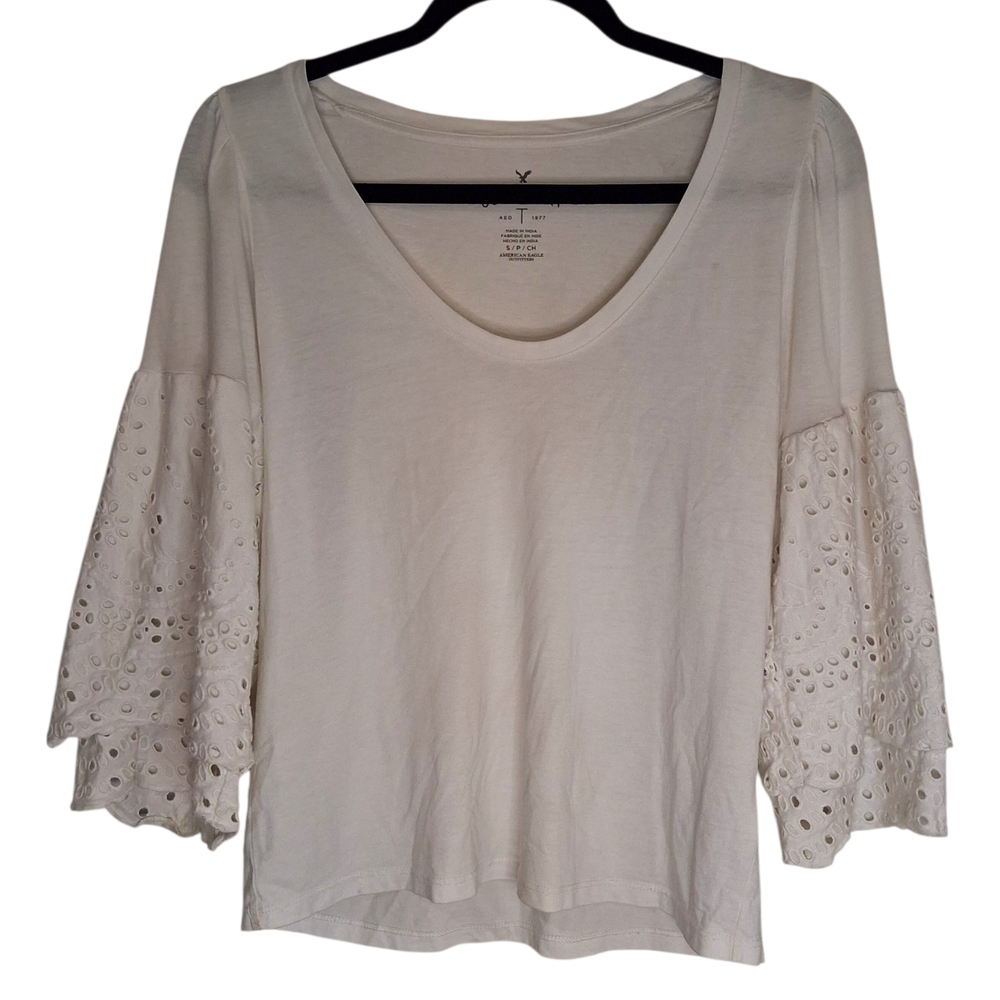American Eagle Soft & Sexy White Eyelet Bell Sleeve Top, Small, Cottagecore Boho
